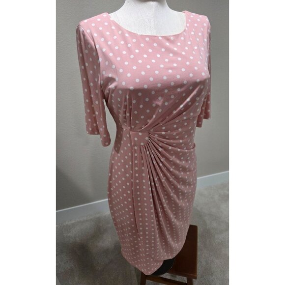 Pink & White Polka Dot Dress With Ruched Waist & Half Sleeves By Connected Appar - Picture 1 of 6